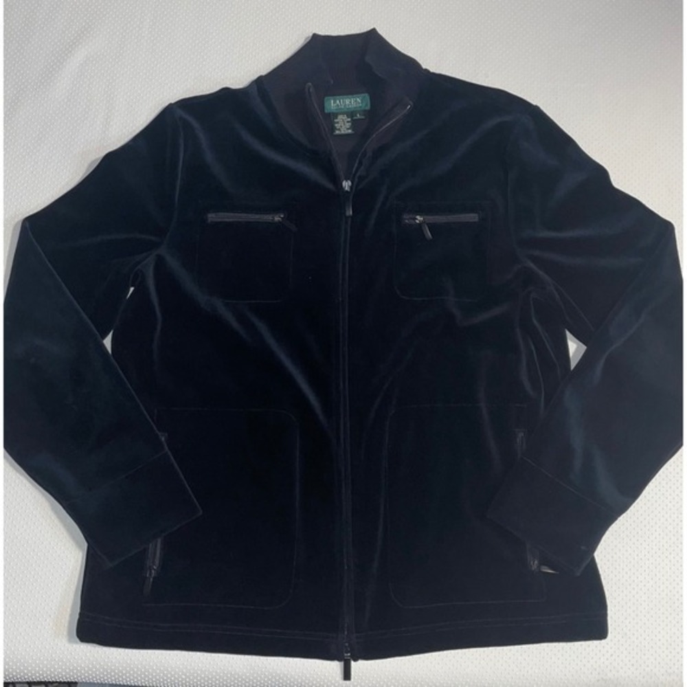 Lauren Ralph Lauren Black Velour Full Zip Jacket Coat Women's Large‎